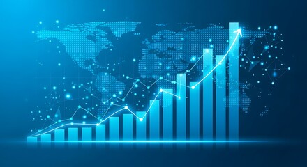 Digital globe and upward trend bar chart in blue tones