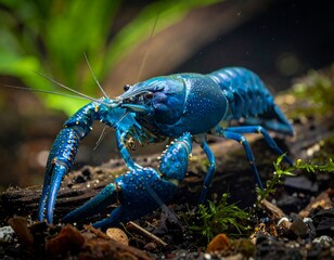 Vibrant blue crayfish on log