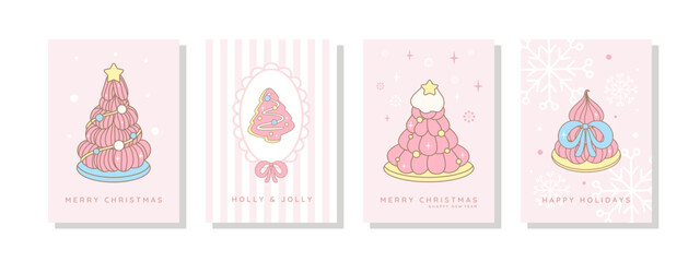 Merry Christmas and happy new year greeting cards with pastel whimsical Christmas tree cake vector illustrations. Perfect for holiday wishes and seasonal projects in a cute aesthetic.