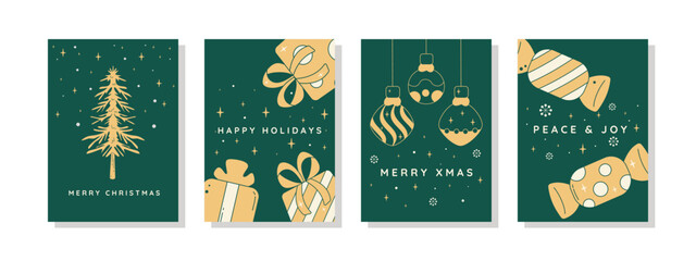 Set of Christmas greeting cards with gold illustrations on a dark green background. Features designs of a pine tree, gifts, ornaments, and candy. Perfect for holiday wishes and seasonal projects.