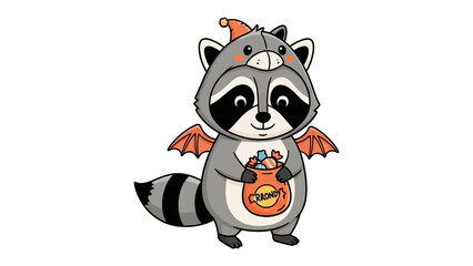 Halloween Raccoon Character: An adorable raccoon character, dressed in a festive Halloween costume, holds a candy bag, ready to celebrate the holiday.