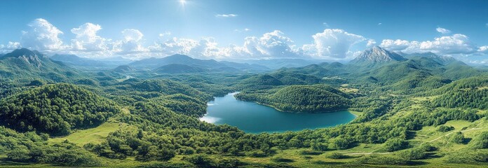 Expansive lush green forest surrounding a serene blue lake under a bright clear sky with scattered clouds and sun shining over distant mountain peaks