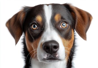 Close-up of a tricolor dog with one blue eye and one brown eye looking intently with a neutral expression on a white background
