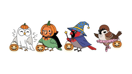 Halloween Bird Crew: A delightful cartoon showcasing four charming birds costumed for Halloween, each with a pumpkin bucket, radiating festive cheer.