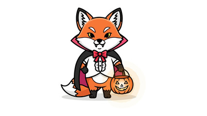 Halloween Fox: A charming cartoon fox, dressed in a vampire costume, holds a grinning pumpkin lantern, perfectly embodying the festive spirit of Halloween. 