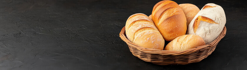 Naklejka premium Cozy scene with basket of freshly baked bread rolls on dark textured surface, perfect for warm and inviting atmosphere