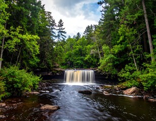 Waterfall cascading into a tranquil forest stream (1)