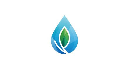 Stylized water droplet with green leaf logo. Modern icon representing nature, purity, hydration, and environmental sustainability concepts.