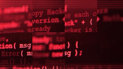 Close up of computer screen with red programming code, glitch distortion and digital noise, futuristic hacker background, system error, data corruption and cybersecurity concept. Software hack - Powered by Adobe