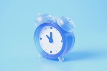 Whimsical blue alarm clock with a dreamy translucent effect against a solid pastel blue background