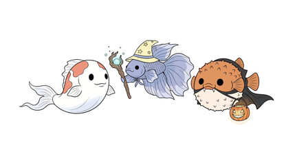 Cartoon Fish Fantasy: A whimsical illustration showcasing three endearing fish characters adorned in playful costumes and immersed in a fantasy scene. Capture the creativity, imagination.
