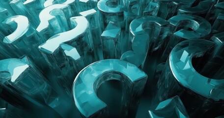 Close-up view of numerous translucent, blue-tinted question marks standing upright closely packed, evoking curiosity and mystery