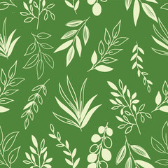 Hand-Drawn Green Botanical Seamless Pattern with Leaves and Foliage