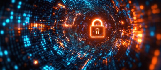 Glowing orange padlock symbol in the center of a swirling tunnel of blue and orange digital data points representing cybersecurity and data protection