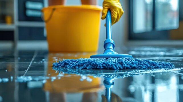 Close-up of a blue mop cleaning a shiny wet floor with a yellow bucket in the background, depicting cleanliness and hygiene efforts indoors - Powered by Adobe