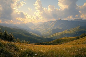 Golden sunlight illuminating a vast valley with lush green hills and distant blue mountains under a dramatic cloudy sky