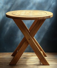 round wooden table with crossed legs standing on wooden floor against a textured blue wall with soft light and shadow
