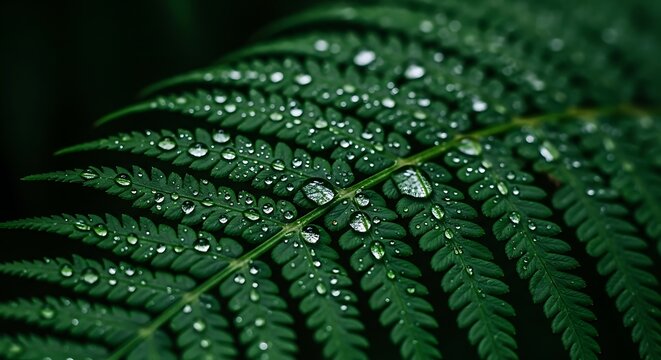 Close-up of a vibrant green fern leaf adorned with glistening water droplets, nature's delicate beauty
