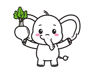 Naklejka premium Cute Elephant Holding Turnip, Cartoon Animal Illustration.