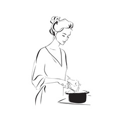 Black and White Illustration of Beautiful Woman Cooking in the Kitchen Minimalist Elegant Artwork Design