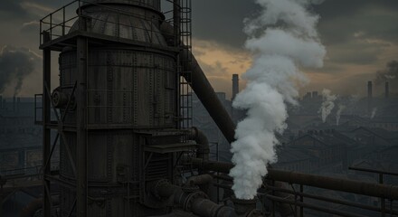 Industrial Factory Chimney Emitting Smoke Against Dramatic Sky