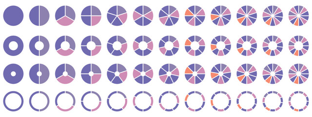 Pie chart color icons. Segment slice sign. Circle section graph. Pie chart set. Colorful diagram collection. 2,3,4,5,6,7,8,9,10,11,12 segment infographic. Circle pie chart diagram.
