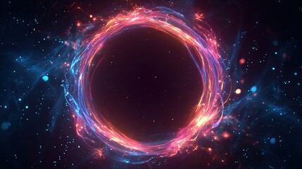 A cosmic wormhole is depicted against a backdrop of stars. A fiery, swirling ring dominates the scene
