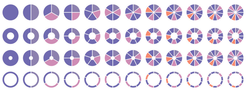 Pie chart color icons. Segment slice sign. Circle section graph. Pie chart set. Colorful diagram collection. 2,3,4,5,6,7,8,9,10,11,12 segment infographic. Circle pie chart diagram.