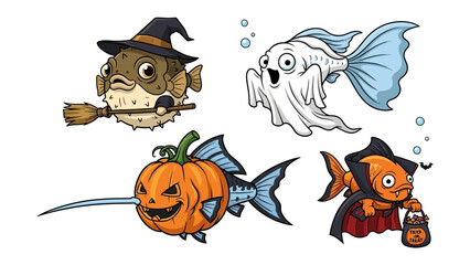 Halloween Fishy Fun: A playful collection of quirky fish, imaginatively transformed into spooky Halloween characters. Includes a witch, a ghost, a pumpkin, and a trick-or-treater.