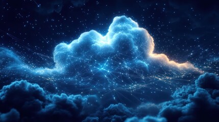 Glowing digital cloud formation interconnected with bright nodes and lines against a dark starry night sky, symbolizing connectivity and advanced technology