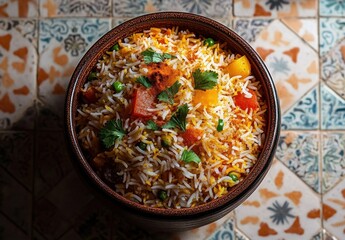 Bowl of colorful vegetable rice dish garnished with fresh cilantro on patterned tile surface with warm lighting