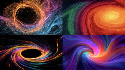 Four vibrant vortex images, each with a central dark space, filled with swirling, colorful energy and light