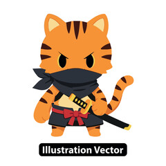 Adorable Feline Warrior Charming Cartoon Tiger Ninja Character with Katana Sword Illustration