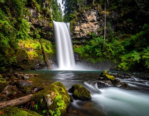 Waterfall cascading into a tranquil pool surrounded by lush forest