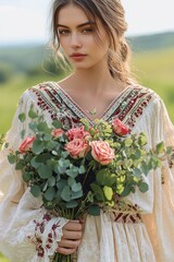 young woman in embroidered dress holding bouquet of pink roses and greenery in natural outdoor setting with serene expression