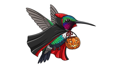 Obraz premium Hummingbird Halloween Costume: A digitally crafted image of a vibrant hummingbird, adorned in a charming Halloween costume. A whimsical illustration suitable for festive greeting.