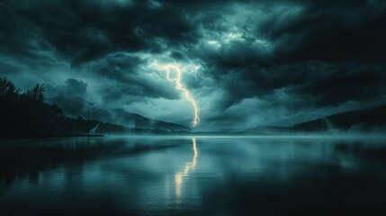 Dark stormy sky with dramatic lightning bolt striking over calm lake surrounded by forested hills under ominous heavy clouds