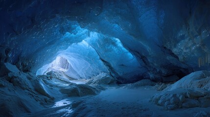 Glistening blue ice cave with illuminated opening, rough snow and ice on the ground
