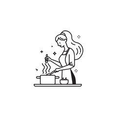 Black and White Illustration of Beautiful Woman Cooking in the Kitchen Minimalist Elegant Artwork Design