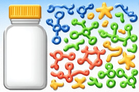 a group of colorful toys arranged in a random pattern next to a bottle.