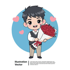 Adorable cartoon boy presents a vibrant red rose bouquet, conveying love, affection, and romantic sentiment