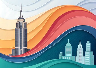 Artistic new york city skyline with colorful wavy background