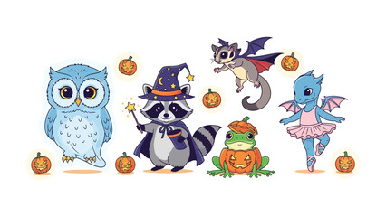 Whimsical Halloween Creatures: A charming cartoon image showcases a delightful gathering of Halloween-themed characters, each exuding playful personality and festive appeal.