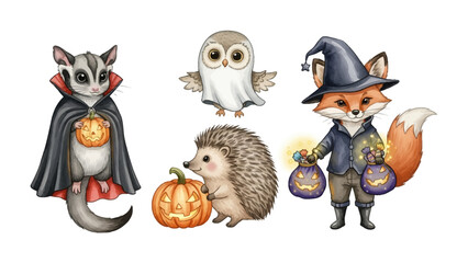 Halloween Animals Gathering: A captivating assortment of adorable woodland creatures dressed in festive costumes. Embracing the playful essence of Halloween, the fox, owl, hedgehog.