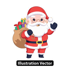 Jolly Santa Claus Cartoon Character with Gift Sack Waving Hand - Festive Holiday Season Vector Illustration