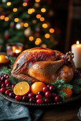 Whole roasted turkey on a festive platter surrounded by fresh cranberries, tangerines, and evergreen sprigs with warm glowing candlelight and blurred holiday lights in the background