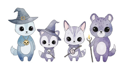 Cute Creatures in Halloween Theme: A delightful collection of adorable critters dressed in whimsical Halloween attire. Adorned in charming outfits with hats and magical accessories