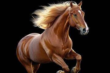 Obraz premium powerful chestnut horse with flowing mane captured mid-gallop against a black background, expressing energy and strength