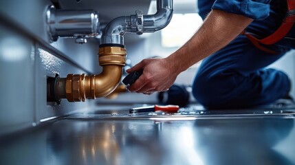 Close-up of a person fixing a leaking pipe under a sink with water spraying and tools nearby, showing focused manual work in tight space