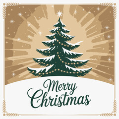 Fototapeta premium A vintage style merry christmas greeting card featuring a snow covered evergreen tree adorned with twinkling lights and a radiant star on top